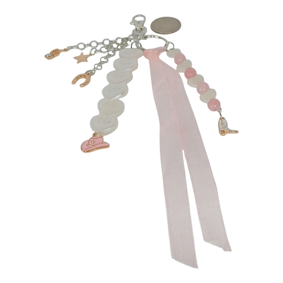 Pink Morganite Pearls & Cowgirl Charms Pink Ribbon Bag Charm Purse Accessory Y2k - Picture 5 of 16